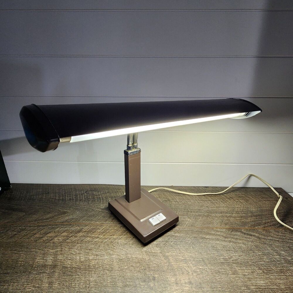 Vintage MCM Brown Metal Florescent Double Tube Desk Lamp Dual Chrome Neck Tubes